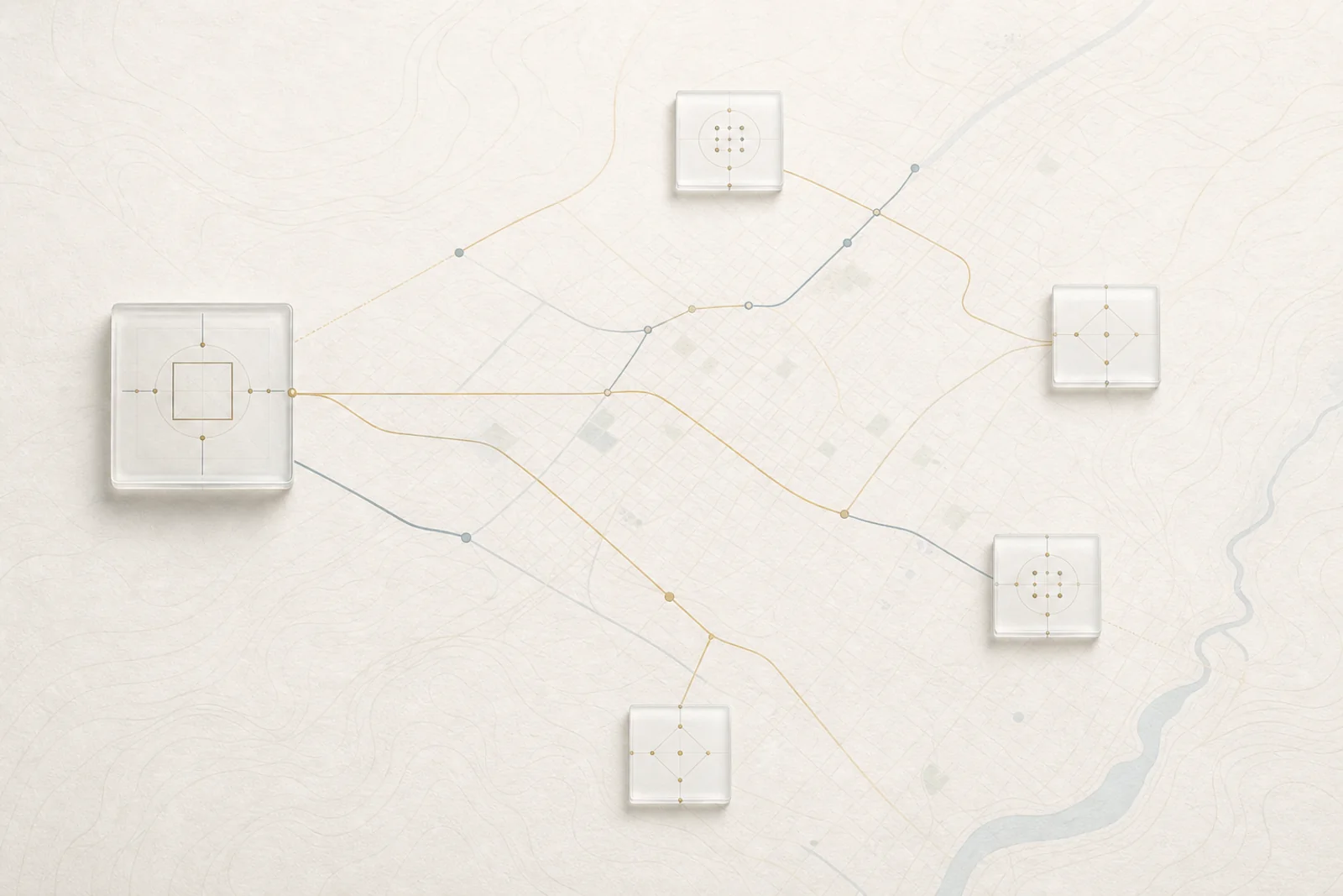 Abstract replication map with one origin node branching into smaller local node plates